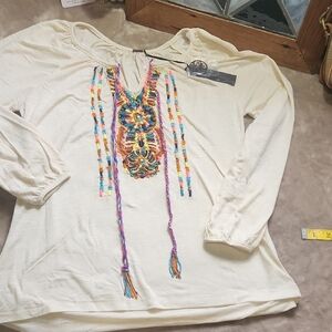 Poof! Cream Boho Tunic with Multicolor Beaded Embellishment